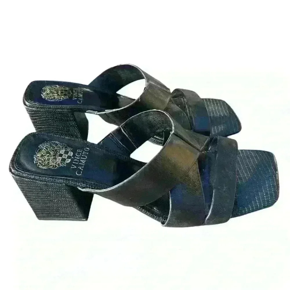 EUC Vince Camuto Jestimel Black Leather Slide Sandals Sz 8.5 EUC